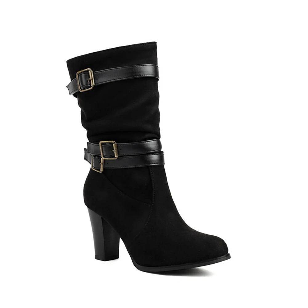 Round Toe Thick High Heel Women Boots Autumn Winter Mid-calf Belt Buckle British Style Short Boots Goth Shoes Big Size 48 183-11