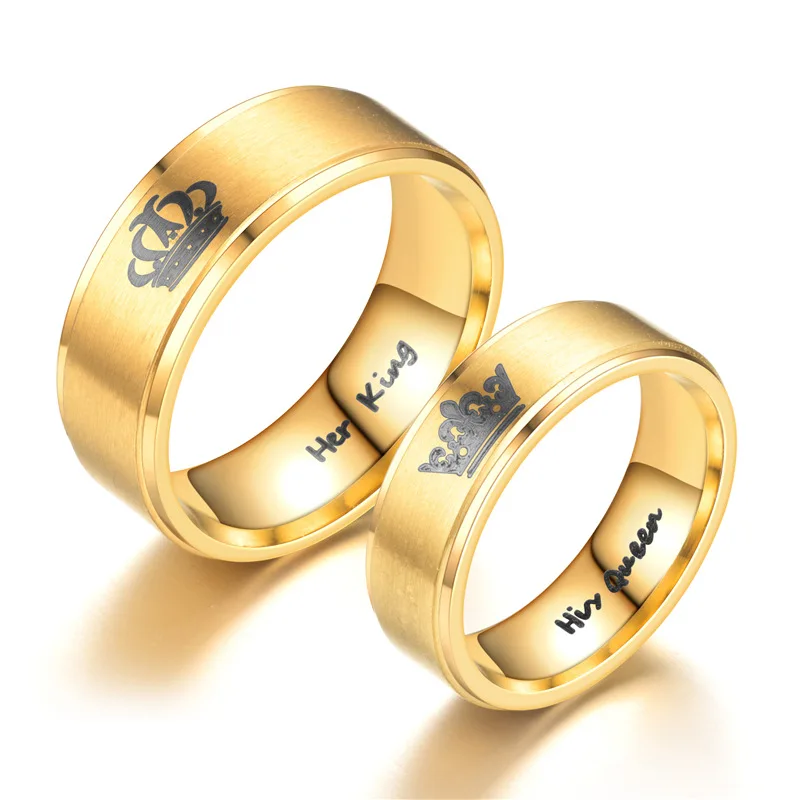 Gold Colour King Queen Crown Stainless Steel Couple Rings for Lovers Promise Men Women Valentine's Day Gifts