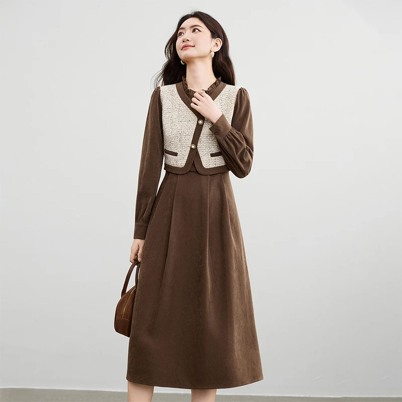 

SENTUBILA Fake 2 Pieces Dress Women Autumn 2026 Elegant Ruffle Collar Contrast Color Splicing Waist Slimming Dress 153LI2769