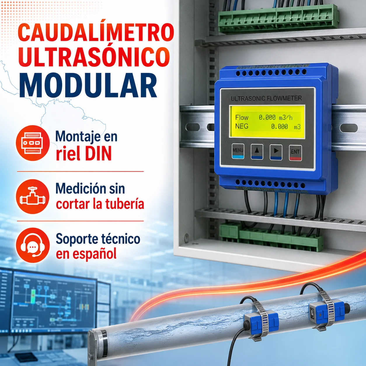 Modular Ultrasonic Flowmeter for Din Rail with Clamp-On Sensors Non-Invasive Ultrasonic Water Flow Meter Measurement Plc and Scada Integration for Hvac, Cold Water and Circulation Flow and Energy Measurement