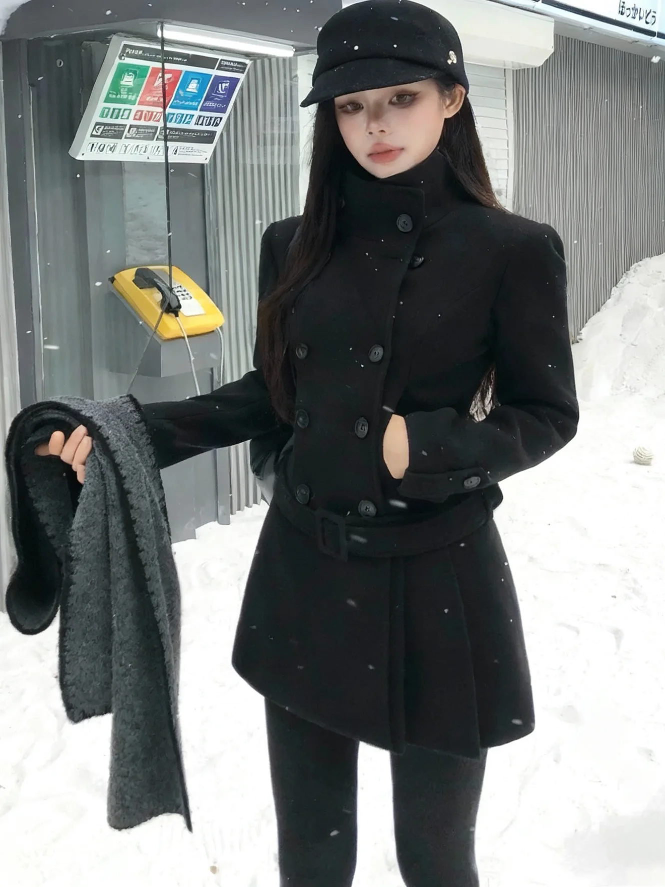 London Early Class Autumn Winter Design Double Button Cotton Lined Slimming Woolen Black Jacket Women's Fashion Stylish Coat