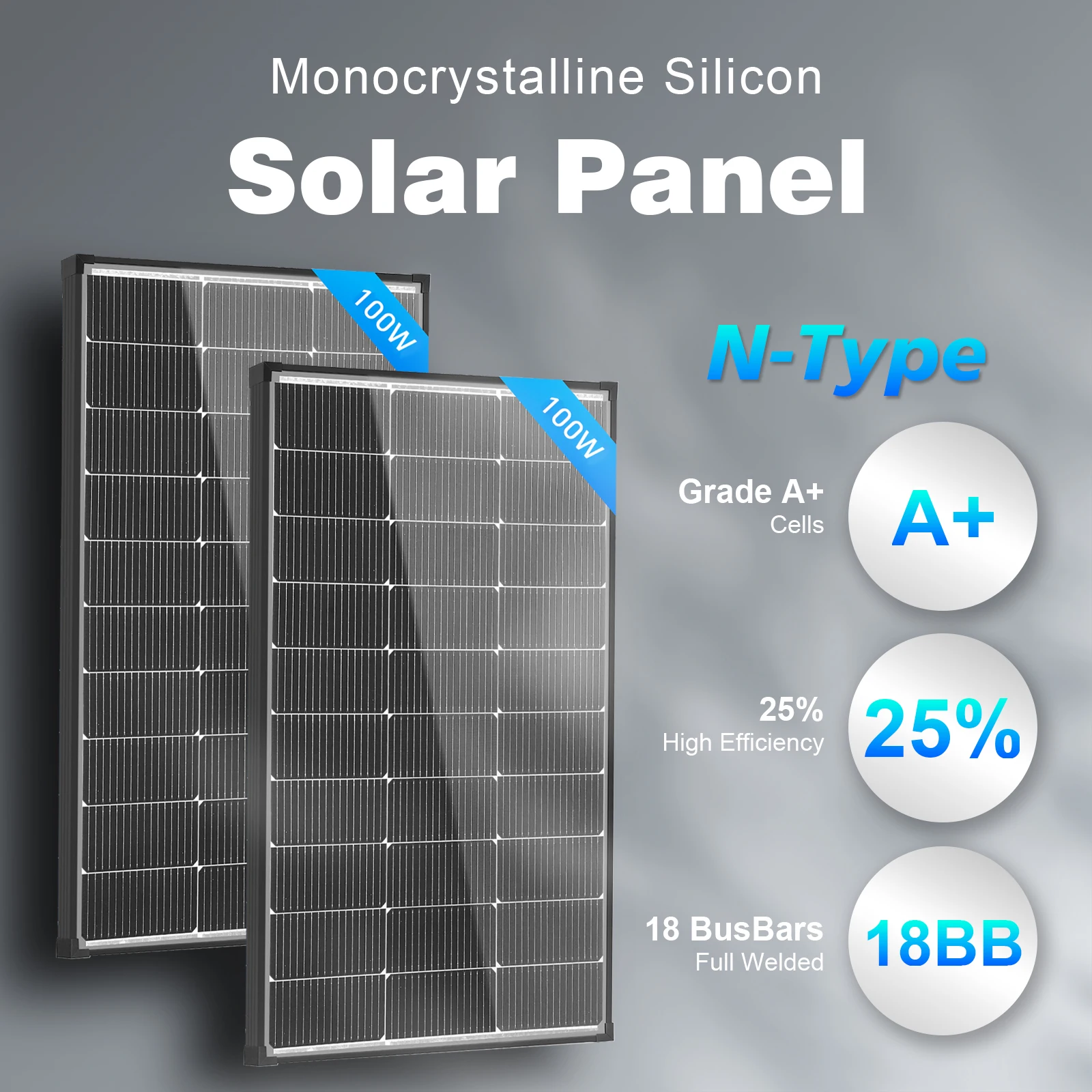 AeternaSol 100W A+ Bifacial Solar Panel, Rigid Monocrystalline N-Type 18BB, 25% Conversion, IP68 Waterproof, Dual-Side Power for RV, Home,