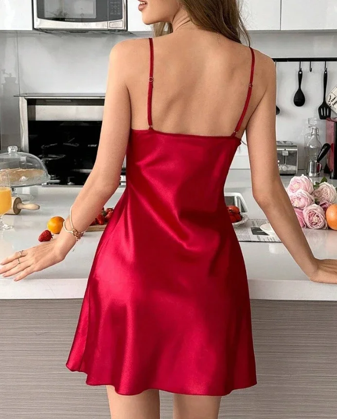 CPSYMYM Womens Dresses Spring Satin Floral Embroidery Mesh Patchwork V-Neck Spaghetti Strap Home Mini Nightgown Sexy Babydol