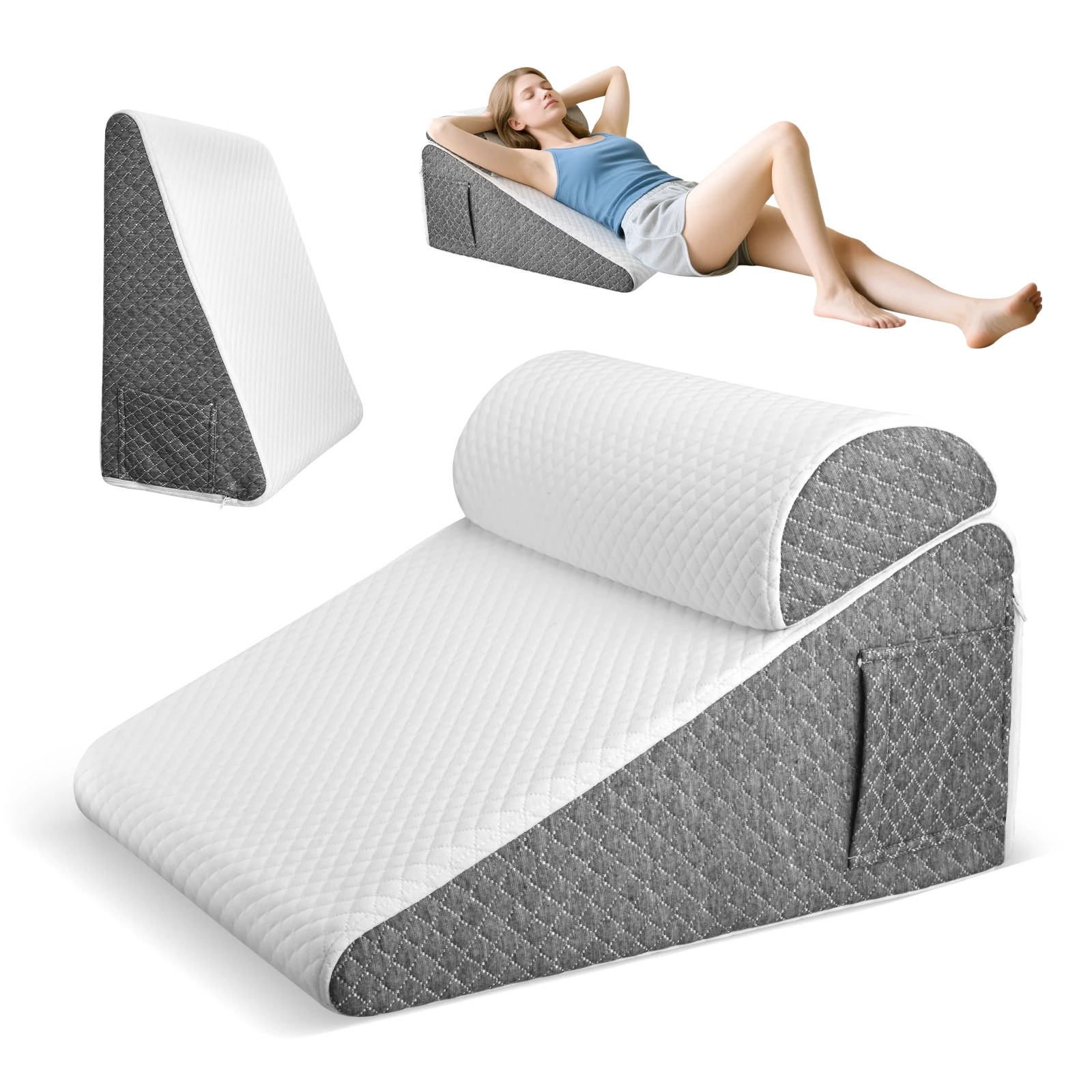 Coussin triangulaire en mousse à mémoire de forme pour l'apnée du sommeil, le reflux acide, le ronflement, surélevation des jambes de 12 pouces, soutien dorsal pour s'asseoir dans le lit, coussin incliné pour dormir et lire, blanc/gris