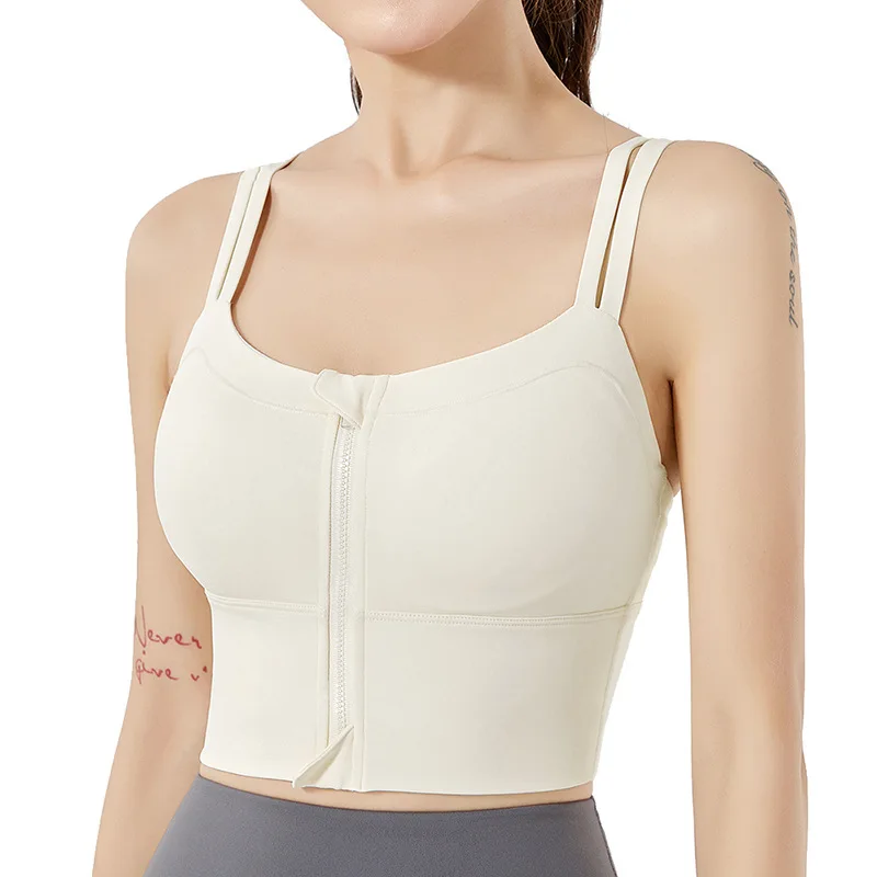 Spring Autumn Sports Bra Front Zipper Shockproof Sports Bra Women High-intensity Running Bra Fitness Yoga Vest Lady Beige Top