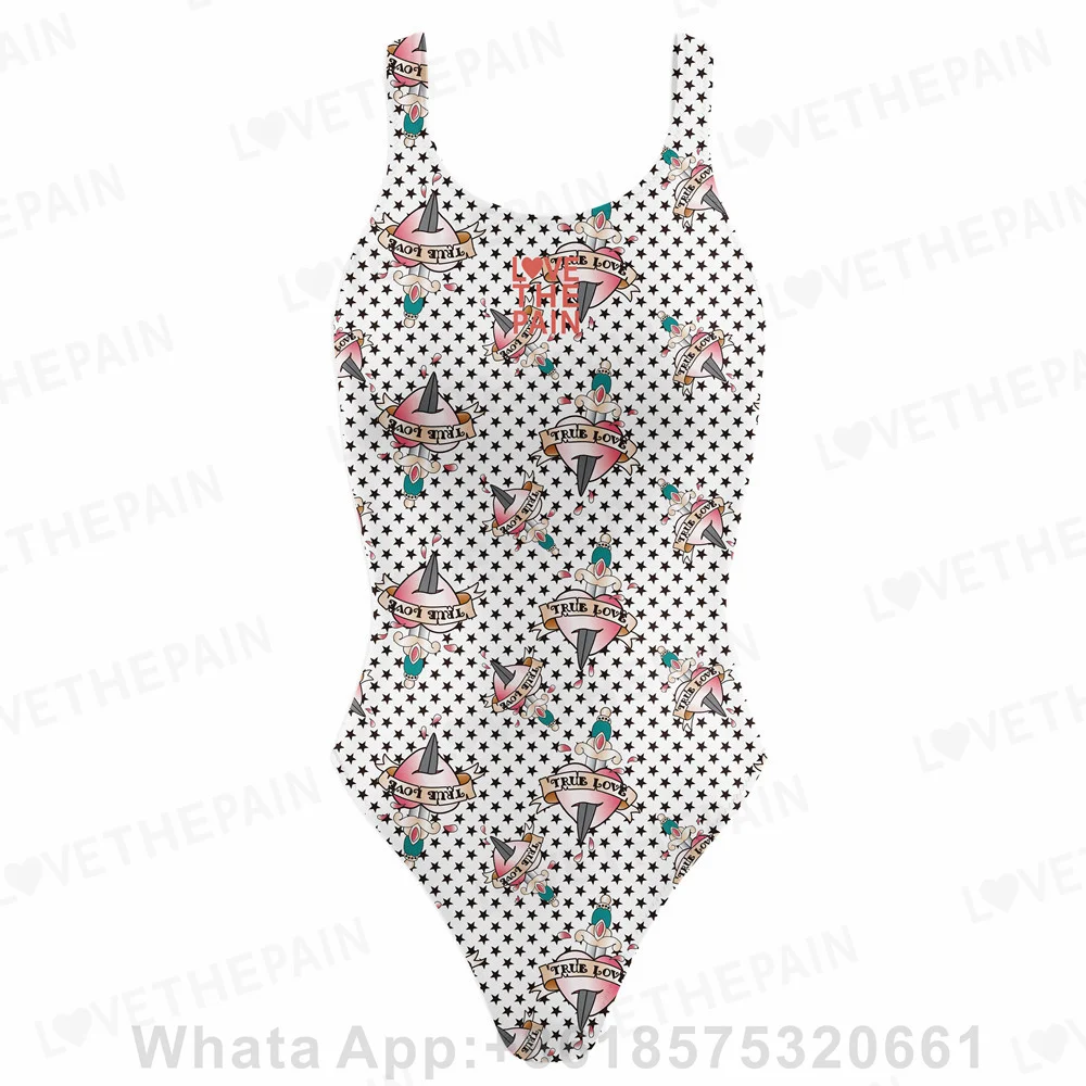 2023 New Love The Pain One Piece Swimsuit Women Wide -shoulder Strap Swimwear Bathing Outdoor Sports Training Suit Bodysuit