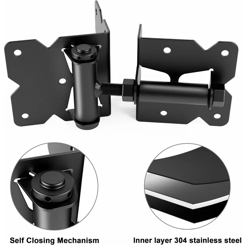 Heavy Duty Adjustable Tension Gate Hinges 4-，Stainless Steel Self Closing Gate Hinge and Latch Hardware Kit