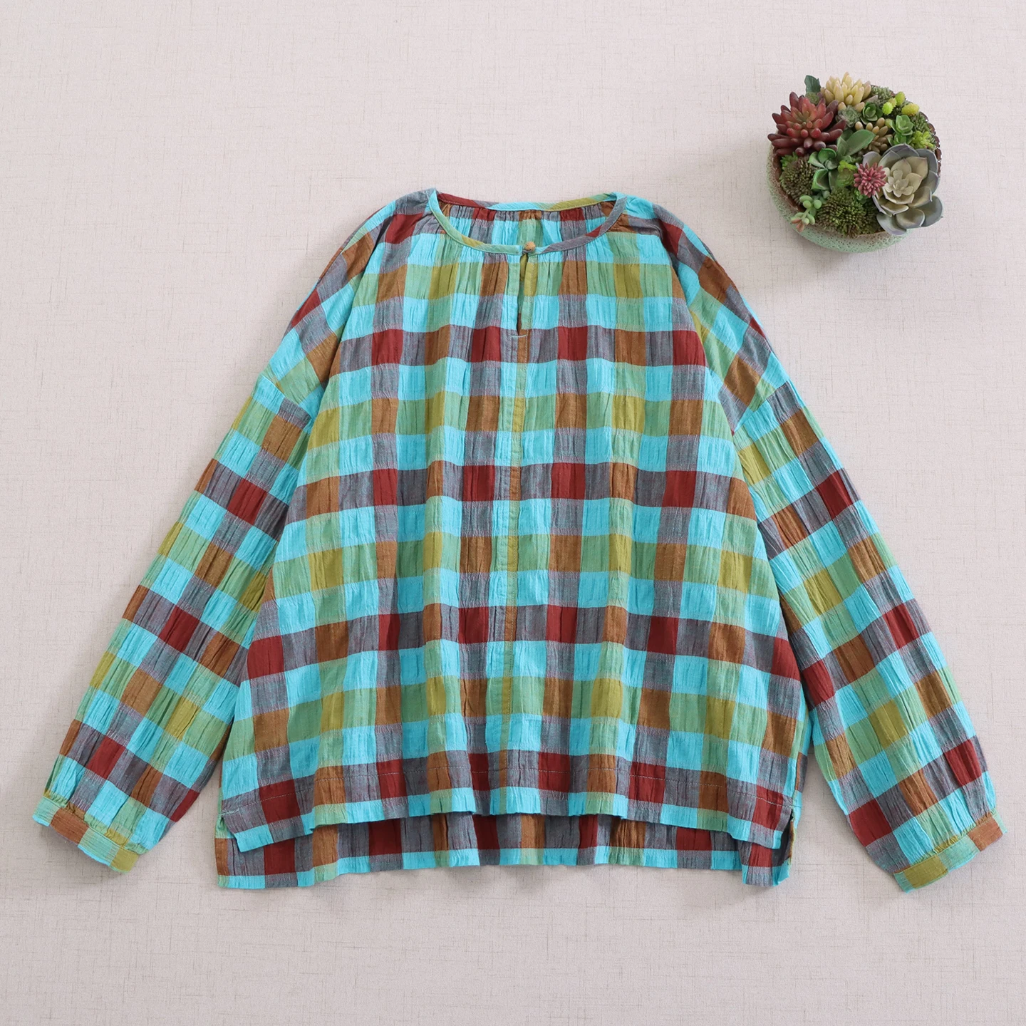 

Japanese Mori Girl Vintage Plaid Cotton Shirts Women Spring Autumn O-Neck Long Sleeve Casual Loose Pullover Blouse Tops