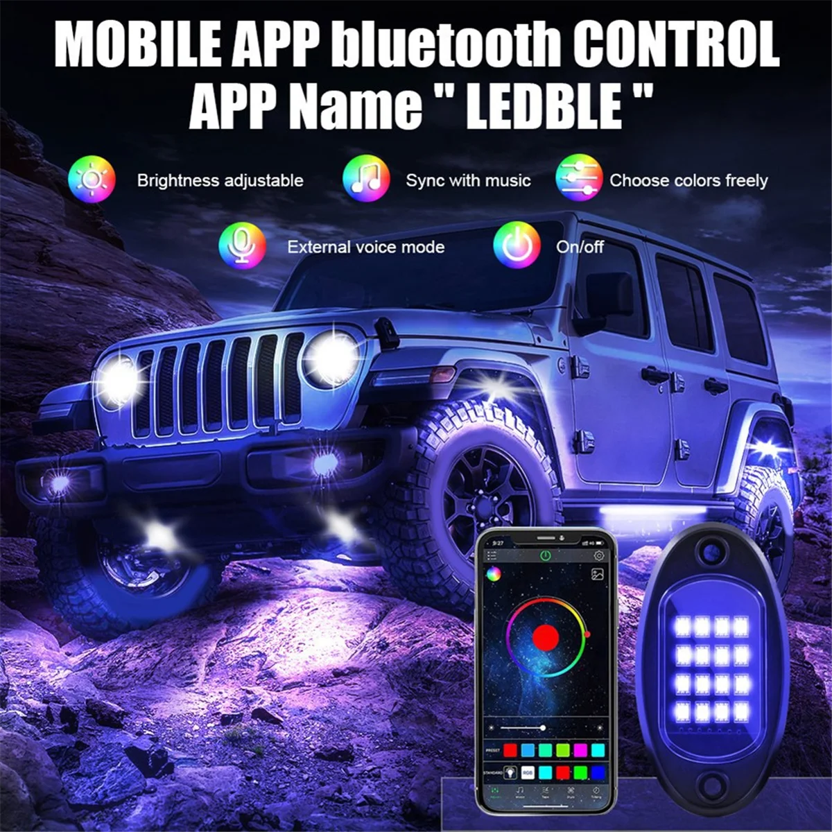 คลาสสิก 8 Pods RGB LED Rock ไฟชุด Underglow Multicolor Neon Light Pod พร้อม Bluetooth App Control สําหรับรถบรรทุก ATV UTV SUV