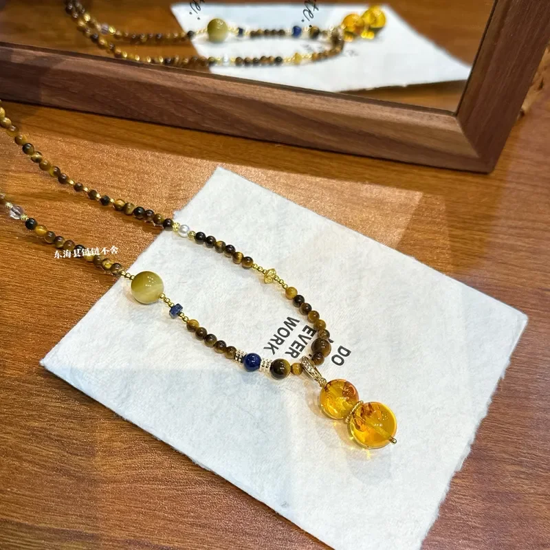 Natural tiger's eye stone necklace with beeswax amber pendant, gourd stacked necklace, double stacked tiger's eye stone.