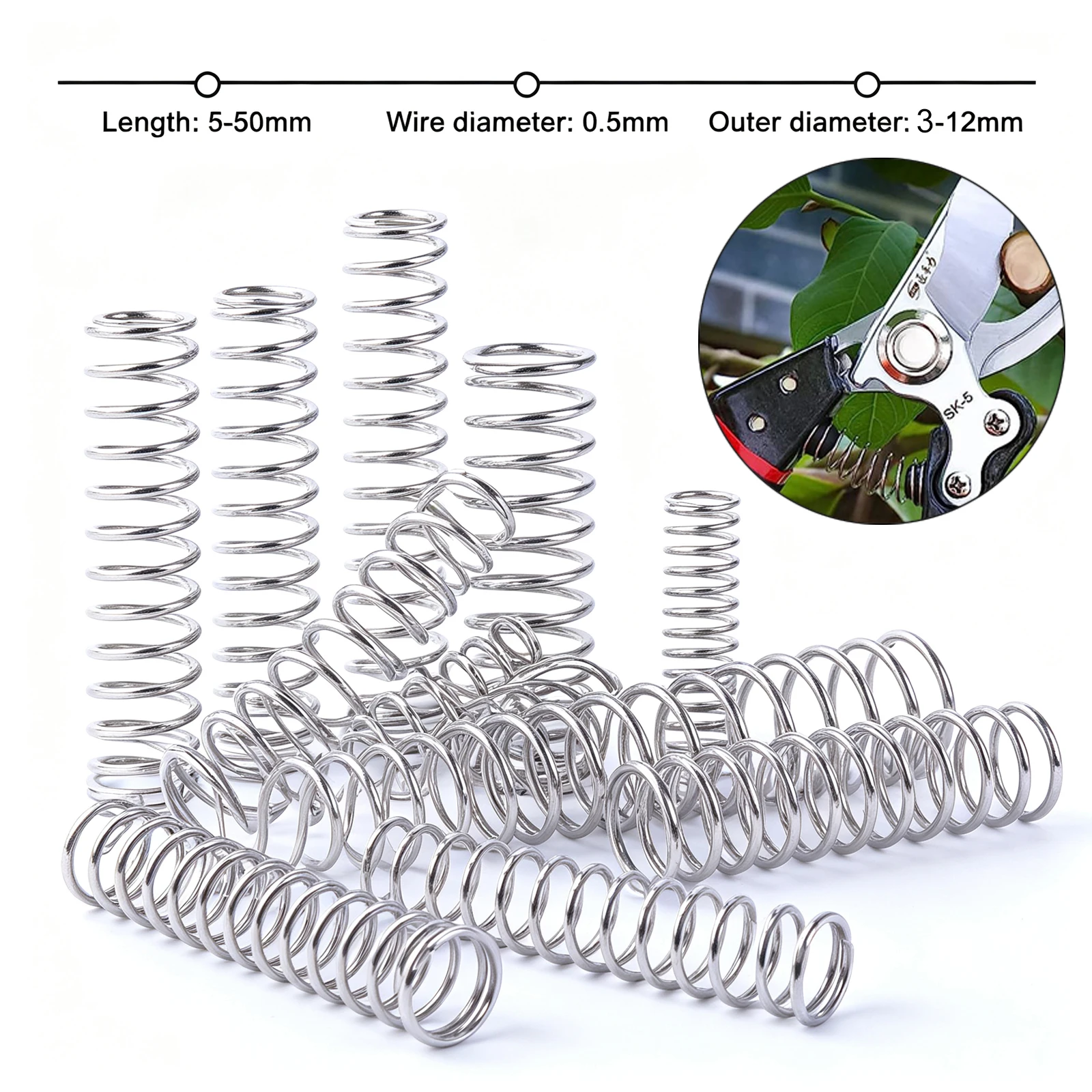 304 stainless steel return compression springs wire diameter 0.5mm outer diameter 3~12mm pack of 100