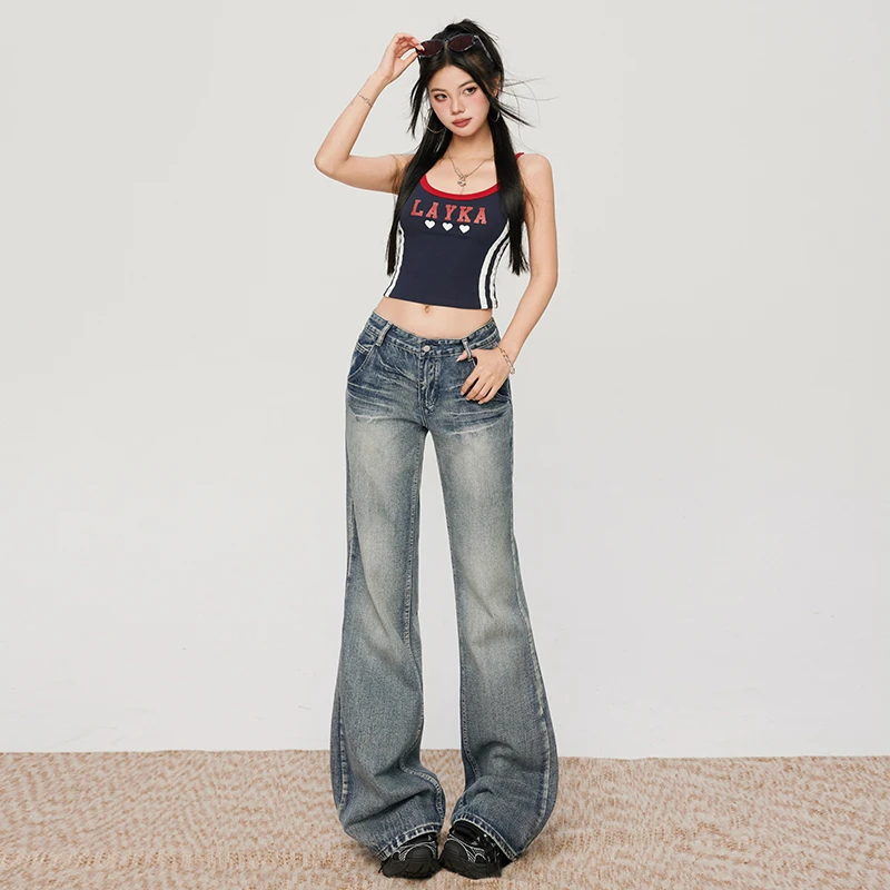 

Loose Deconstructed Spliced Cargo Jeans Women Cotton Cool Patch Pockets Flare Non Skinny Long Pants