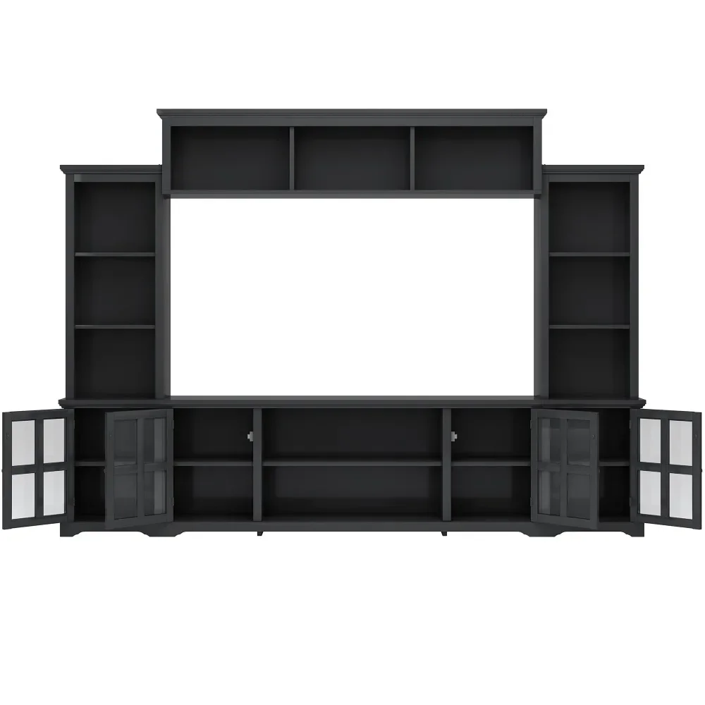 Stylish and simple style entertainment wall Modern TV console table multifunctional TV stand with tempered glass door, black.