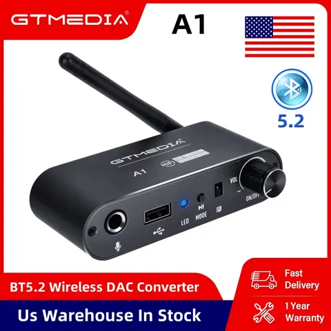 GTMEDIA Bluetooth 5.2 Audio Receiver DAC Coaxial Digital Analog Converter 3.5mm AUX RCA Mic U Disk Jack Stereo Wireless Adapter