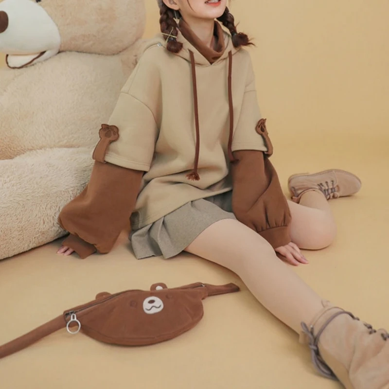 Women Long Sleeve Hoodies with Detachable Bear Bag Harajuku Fake 2 Piece Colorblock Fleece Sweatshirt Cartoon Anime Oversized