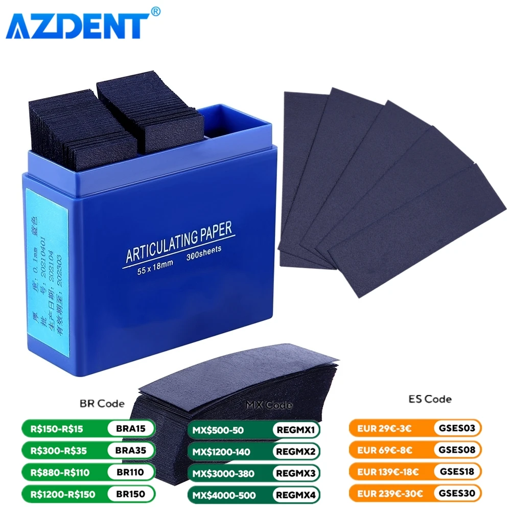 Papel articulado Dental AZDENT, tiras azules para el cuidado de los dientes orales, grosor de 300mm, consumibles de odontología, tamaño 55x18mm, 1,0