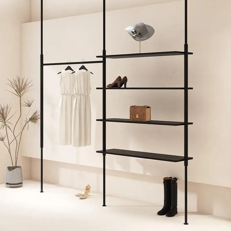 

Clothing store display shelf wall column black hanging clothes shelf men's and women's clothing store shoe and bag display shelf