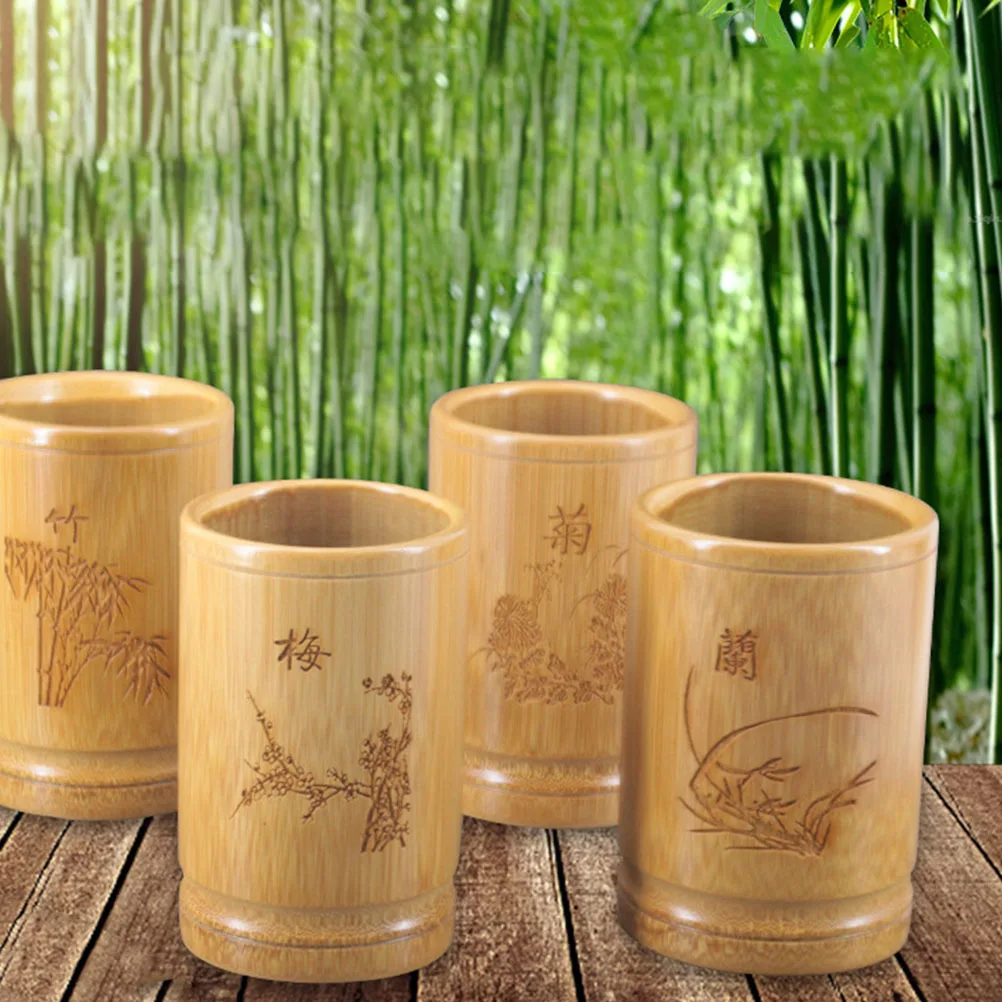 حامل من الخيزران، صندوق تخزين مكتبي للقرطاسية، منظم أقلام الرصاص، حامل تخزين القلم، حاوية فرشاة المكياج، صيني #4