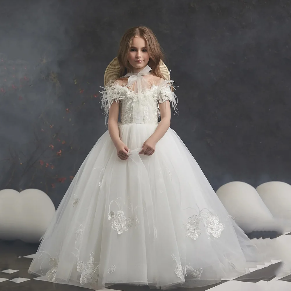 

Feathers Flower Girls Dresses Sequined Lace Appliques Beading Floor-Length Pageant Dress A-Line Bow Tulle First Communion Gowns