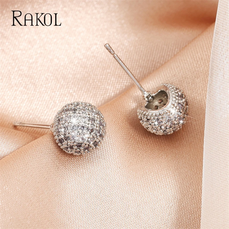 RAKOL French Luxury Ball Shape Micro Inlay Zircon Stud Earrings for Women Fashion Cubic Zirconia Gold Color Earring Ins Jewelry