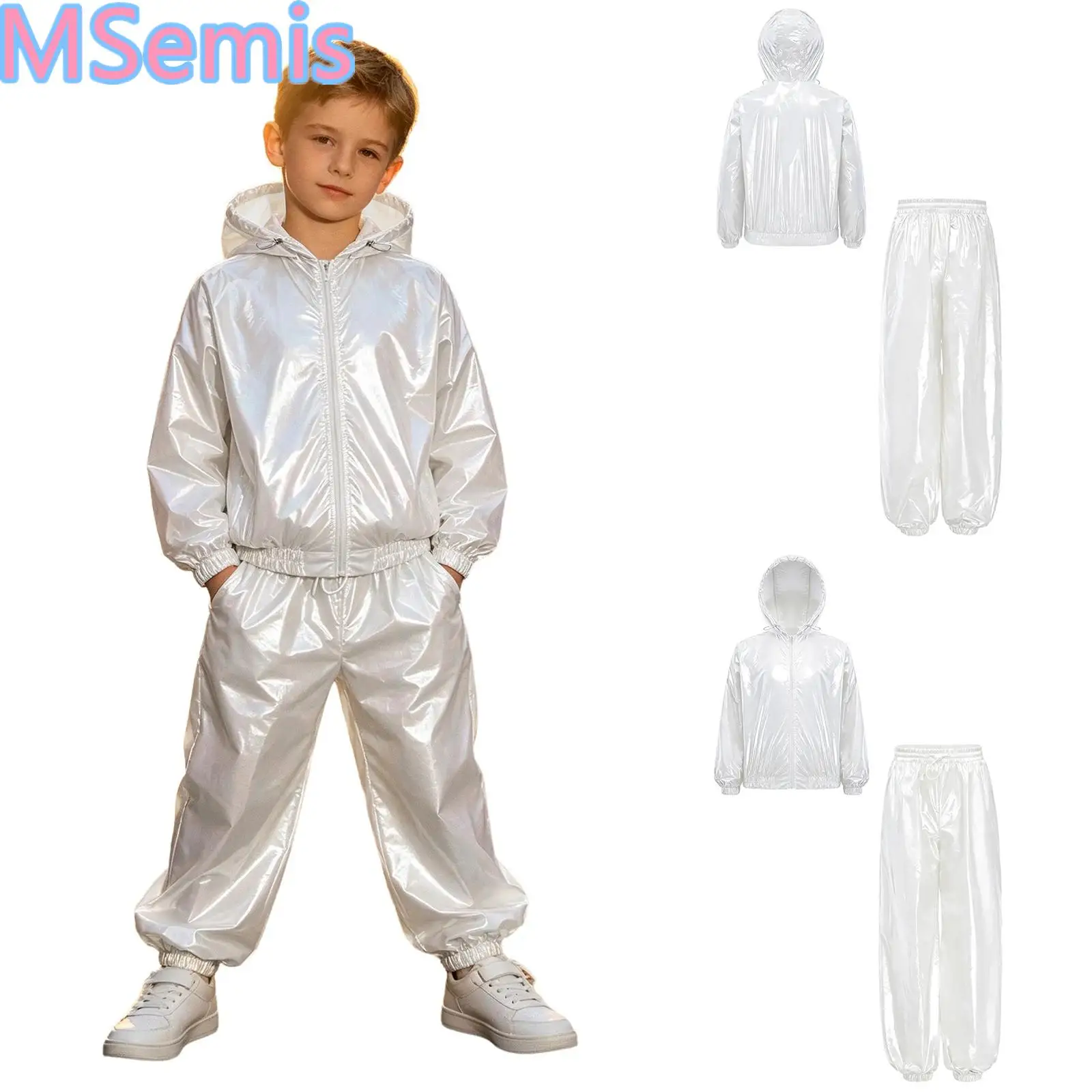 Kids Boys Girls Water Resistant Outfit for Hiking Fishing Cycling Long Sleeve Zipper Hooded Jacket Raincoat with Jogger Pants