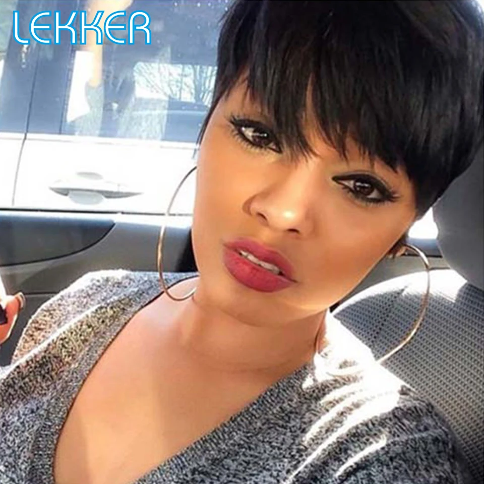 Lekker Gekleurde Korte Pixie Cut Rechte Bob 100% Menselijk Haar Pruiken Met Pony Voor Vrouwen Braziliaanse Remy Haar Bordeaux Rood Opruiming