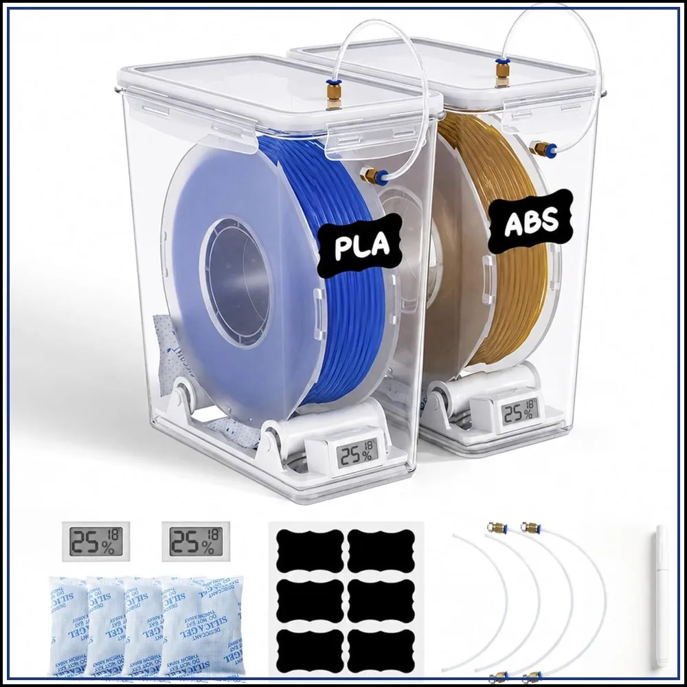 

Airtight Filament Dry Box, Dual Outlets, Hygrometer & Reusable Desiccant, 5.8L 2Pack for 3D Printer