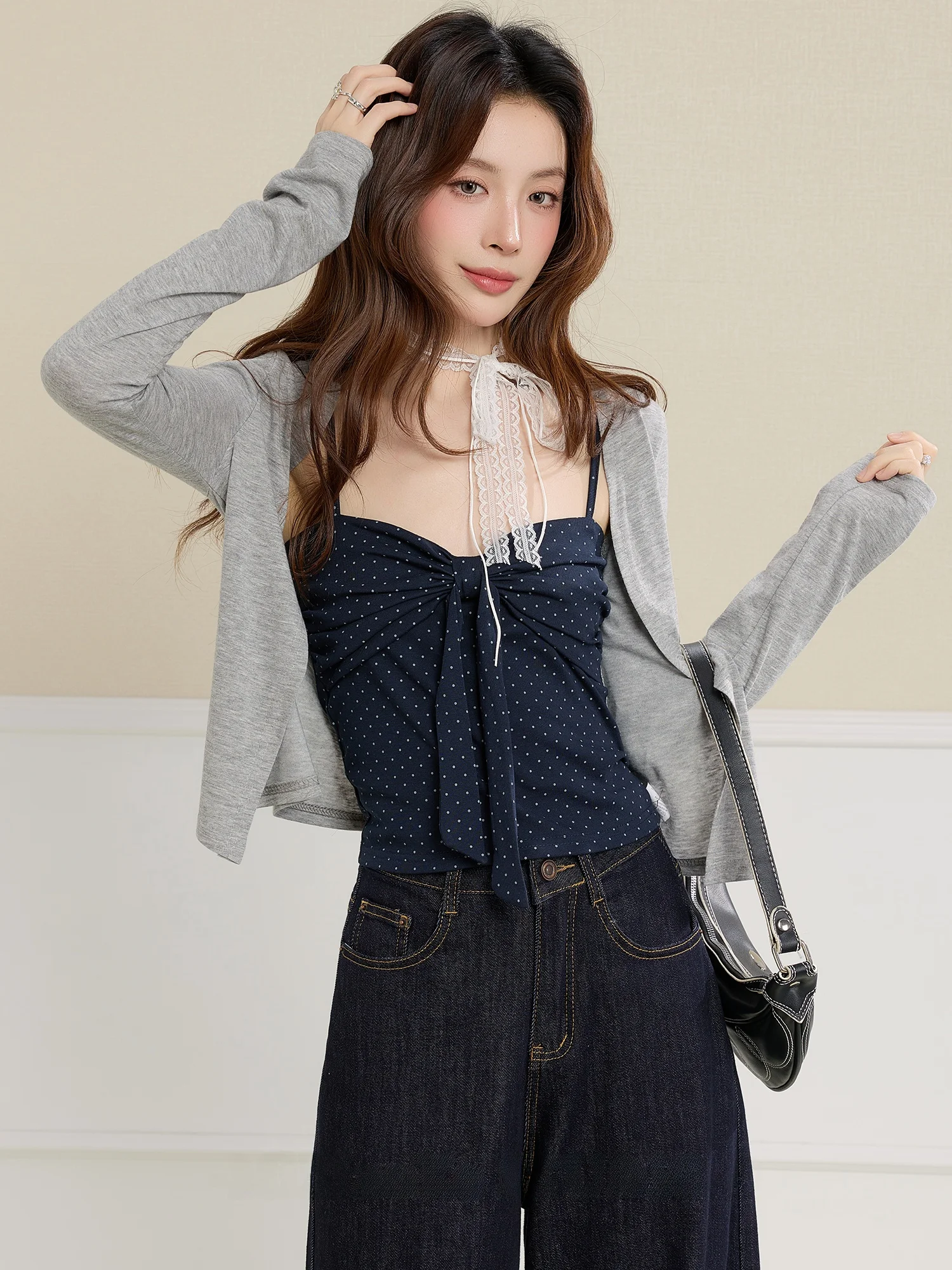 

Mii Xiaoke Summer New Polka Dot Knot Slimming Two-Piece Set Women's Knitted Open Cardigan Sun Protection Casual Fas...