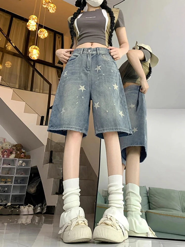 

Retro Star High Waist Wide Leg Jeans Shorts Women Summer Loose plus Size Slimming Five-Quarter Length Straight Cut