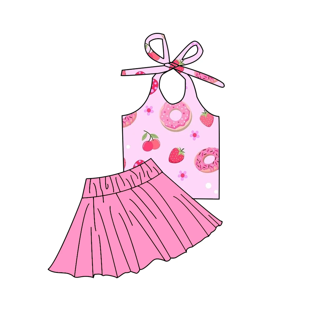 Halter neck top with tie-up design paired solid color mini skirt Strawberry jam dessert print custom wholesale