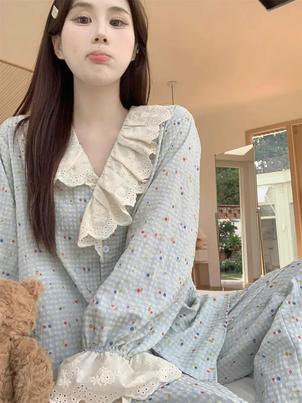 

Korean Style Sweet Lace Floral Sleepwear Women's Spring Autumn Pure Cotton Long Sleeve Casual Plaid Home Clothes Two Piece Set