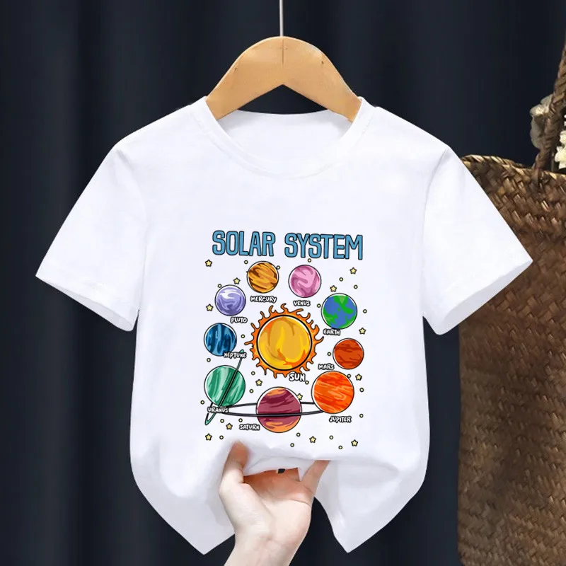 Hot Sale Planets Solar System Print Cartoon Kids T shirt Astronaut Funny Girls Summer Tops Baby Boys Clothes Children T-shirt