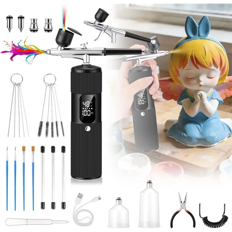 Airbrush Kit For Nails Includes 2 Brushes, Compressor, 28/38/48PSI High Pressure, 3 Nozzles For Painting,Makeup Type-AT36
