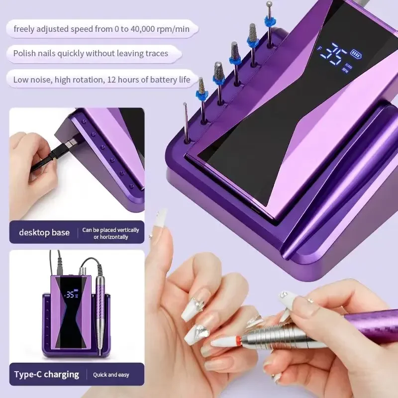 Brushless Electric Nail Drill Machine, 40000RPM, 85W, Handle, Manicure, portátil, ferramenta de polimento, Nail Art recarregável