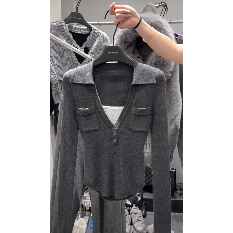 

Deep ey Knitted Apparels Women's Early Autumn Design Irregular Hemline Waist-Cinching Base Layer Long Sve Top