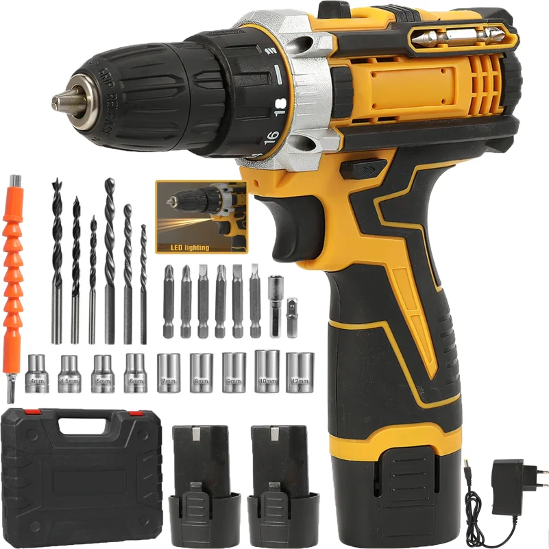 Cordless Lithium Electric Drill Electric Screwdriver Portable Multifunctional Hand Electric Drill Power Tool Set with 2 Battery