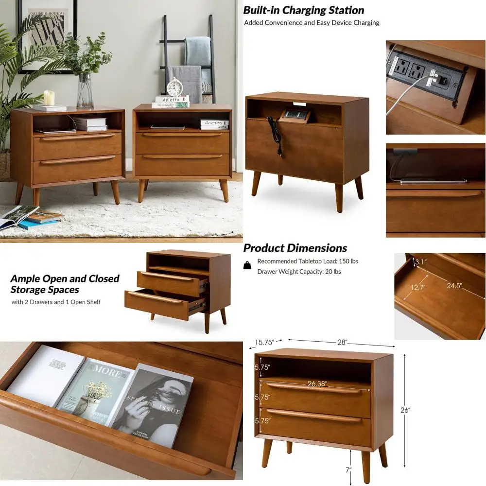 Mid-Century Modern 2-Piece Nightstand Set with Charging Station, 2-Drawer Dresser and Open Shelf for Bedroom, Fluted Design