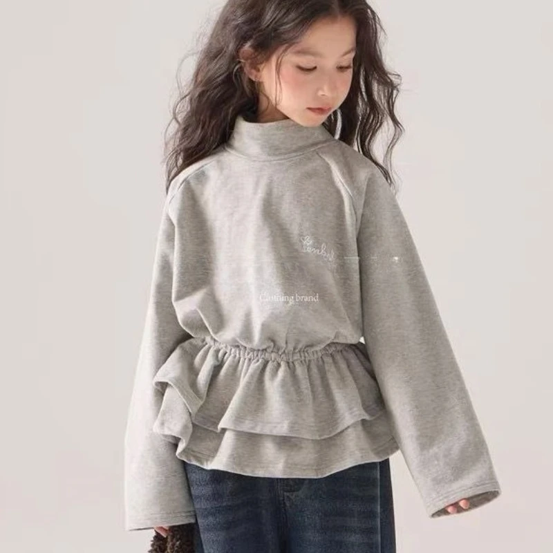 Children's Clothing, Girls' Top for Spring and Autumn, New Korean Sweet and Versatile Gray Embroidered Skirt Base Shirt