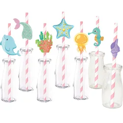 12pcs Under the Sea Animal Paper Straws Disposable Drinking Straws Turtle Starfish Fish Crab Ocean Birthday Party Favor Supplies