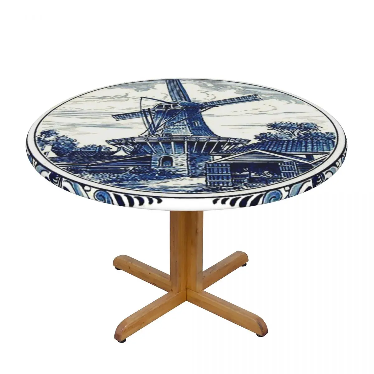 Round Waterproof Oil-Proof Dutch Blue Delft Vintage Windmill Art Tablecloth Backing Elastic Edge Table Covers Table Cloth