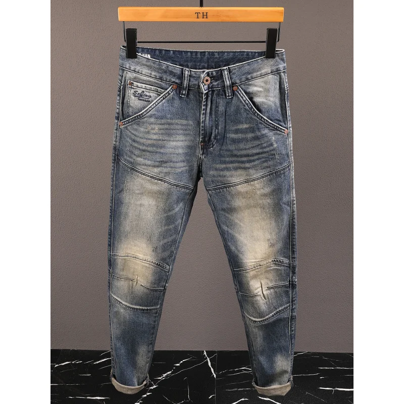 

Spring high-end retro jeans men's splicing trend, rugged and handsome motorcycle straight leg small leg American pants