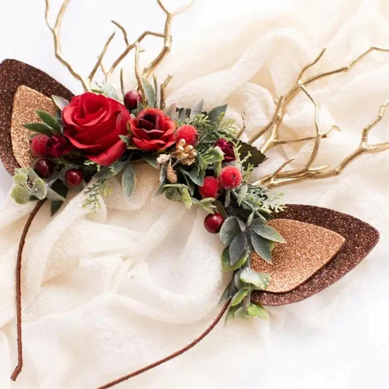 Christmas Elk Headband Deer Antlers Hair Dress Xmas Artificial Flower Headwear Merry Christmas Photo Prop Happy New Year 2025