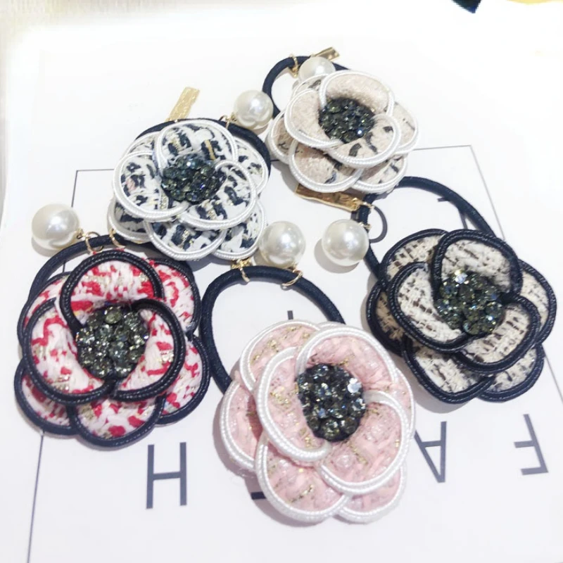 Fashion Exquisite Hair Rope Camellia Flower Rhinestone  Ring Temperament Women  Circle Tie For Girls Headdress Accessory