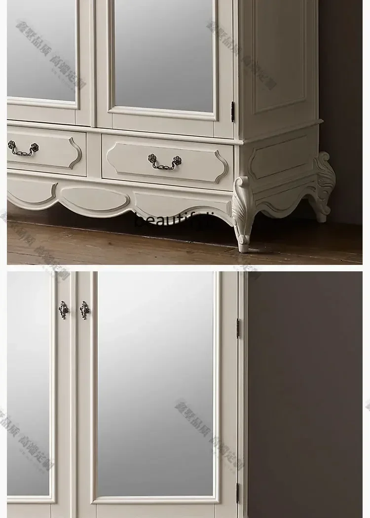 FG26French Solid Wood Wardrobe Home Bedroom Double Door Drawer Wardrobe American White Small Storage Cabinet