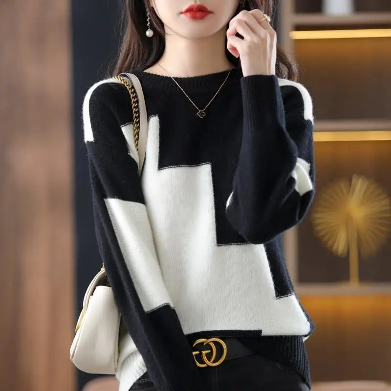 Autumn Winter New All-match Patchwork O-neck Loose Interior Lapping Sweater Ladies Office Lady Irregular Knitting Warm Top Tee