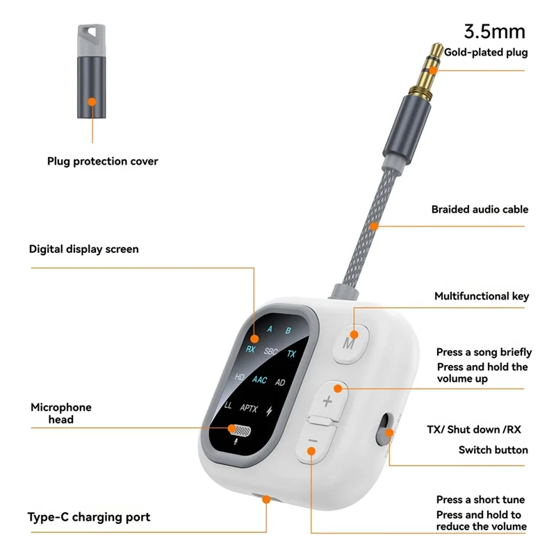 A32T-Wireless Audio Adapter 2 In 1 Bluetooth Transmitter Receiver Lossless HD Sound AUX Playback RX/TX For Car/Home/Airplane