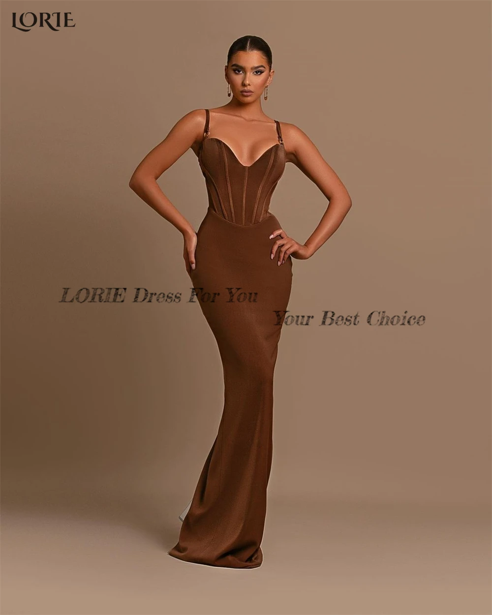 LORIE Brown Luxury Mermaid Evening Dresses Spaghetti Straps V-Neck Elastic Satin Prom Dress Saudi Arabia Beach Party Gowns 2022