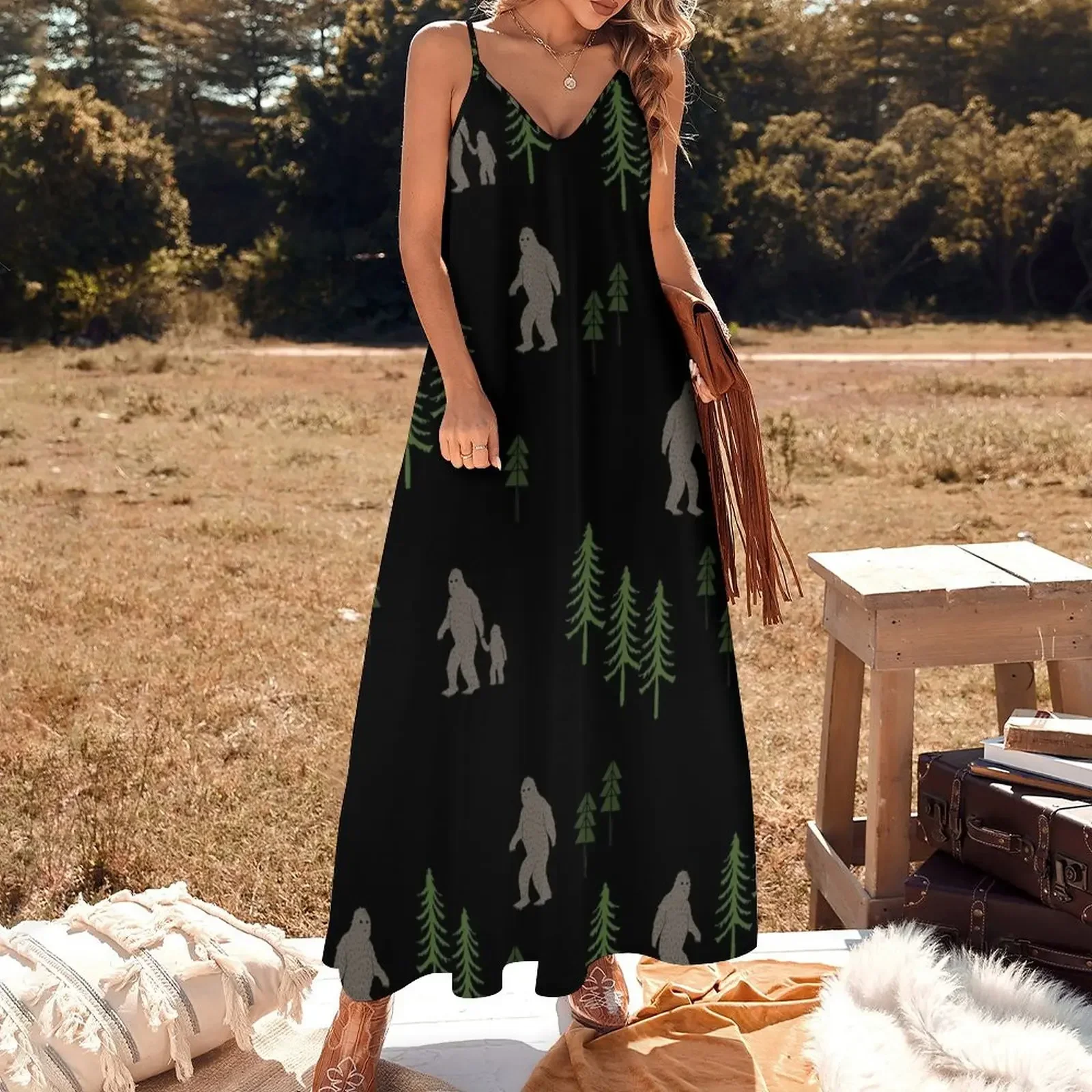 Sasquatch bigfoot pattern forest animal creature mythical beast Sleeveless Dress Aesthetic clothing Dress