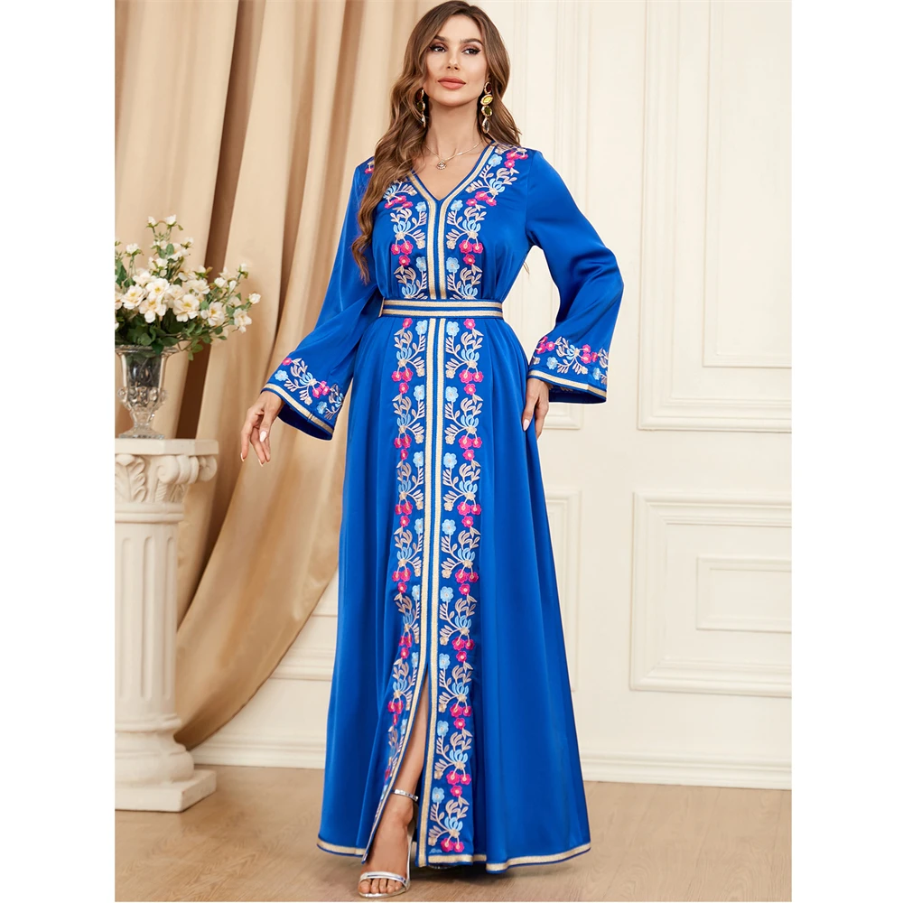 Imagem -03 - Vestido de Noite Muçulmano Feminino Bordado Marroquino Caftan com Cinto Abaya Dubai Abaya Oriente Médio Outono Inverno 2023 Dubai