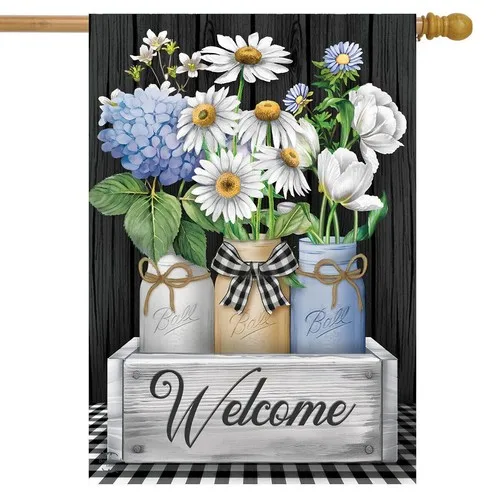 F124 CRATED MASON JARS WELCOME WITH FLOWERS SUMMER LARGE HOUSE FLAG 28X40 BANNER XXH LLP LLX uui